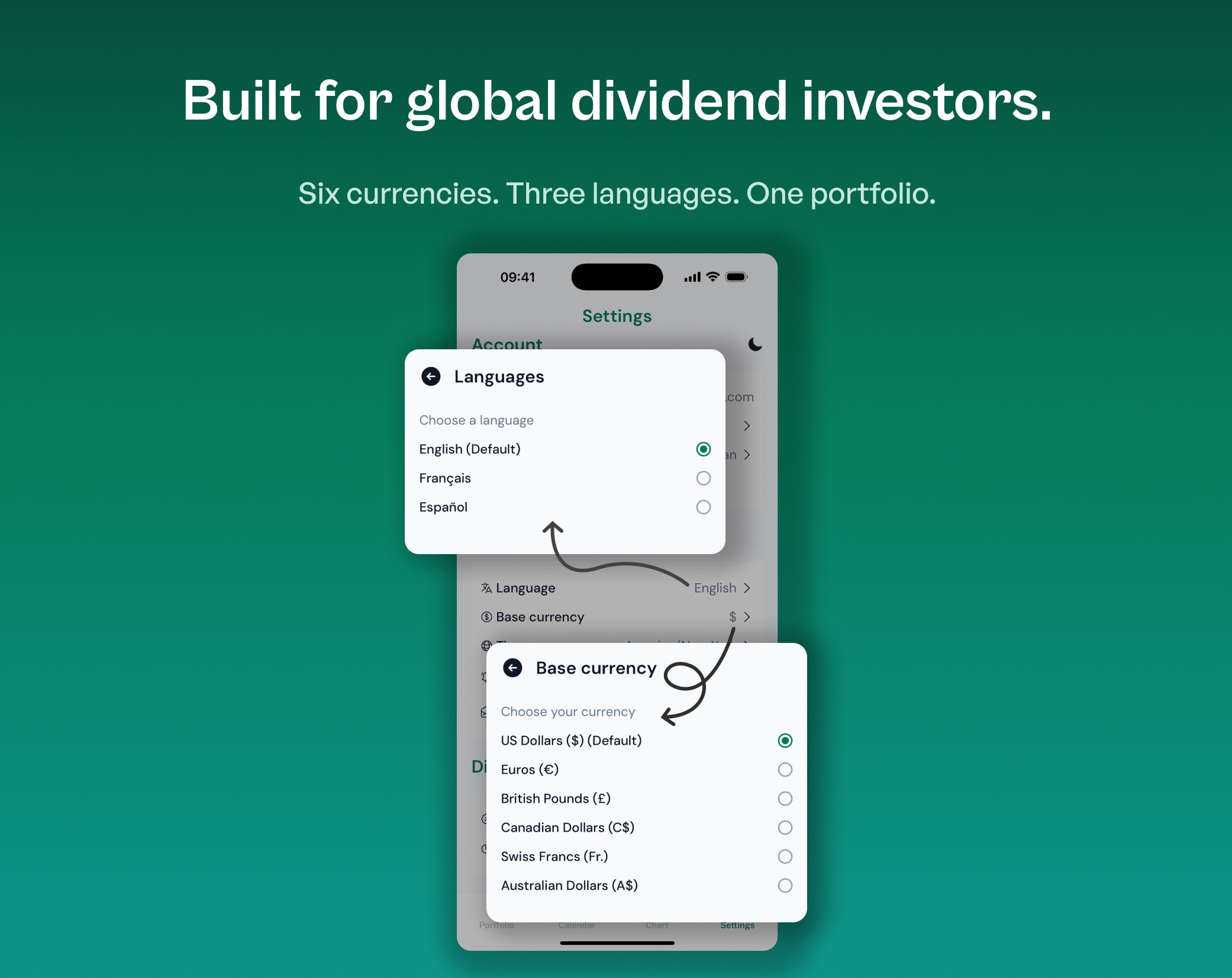 OnlyDividends portfolio view with multi-currency holdings and a sector breakdown