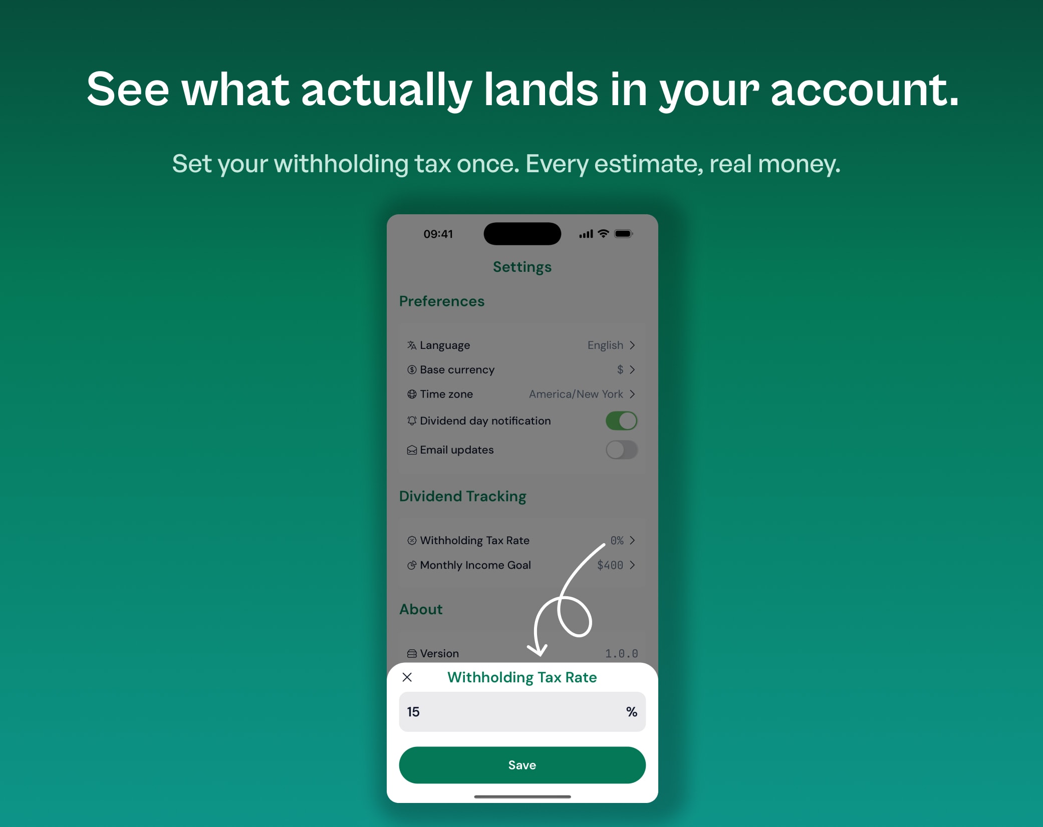 OnlyDividends showing the after-tax amount of an upcoming dividend payment