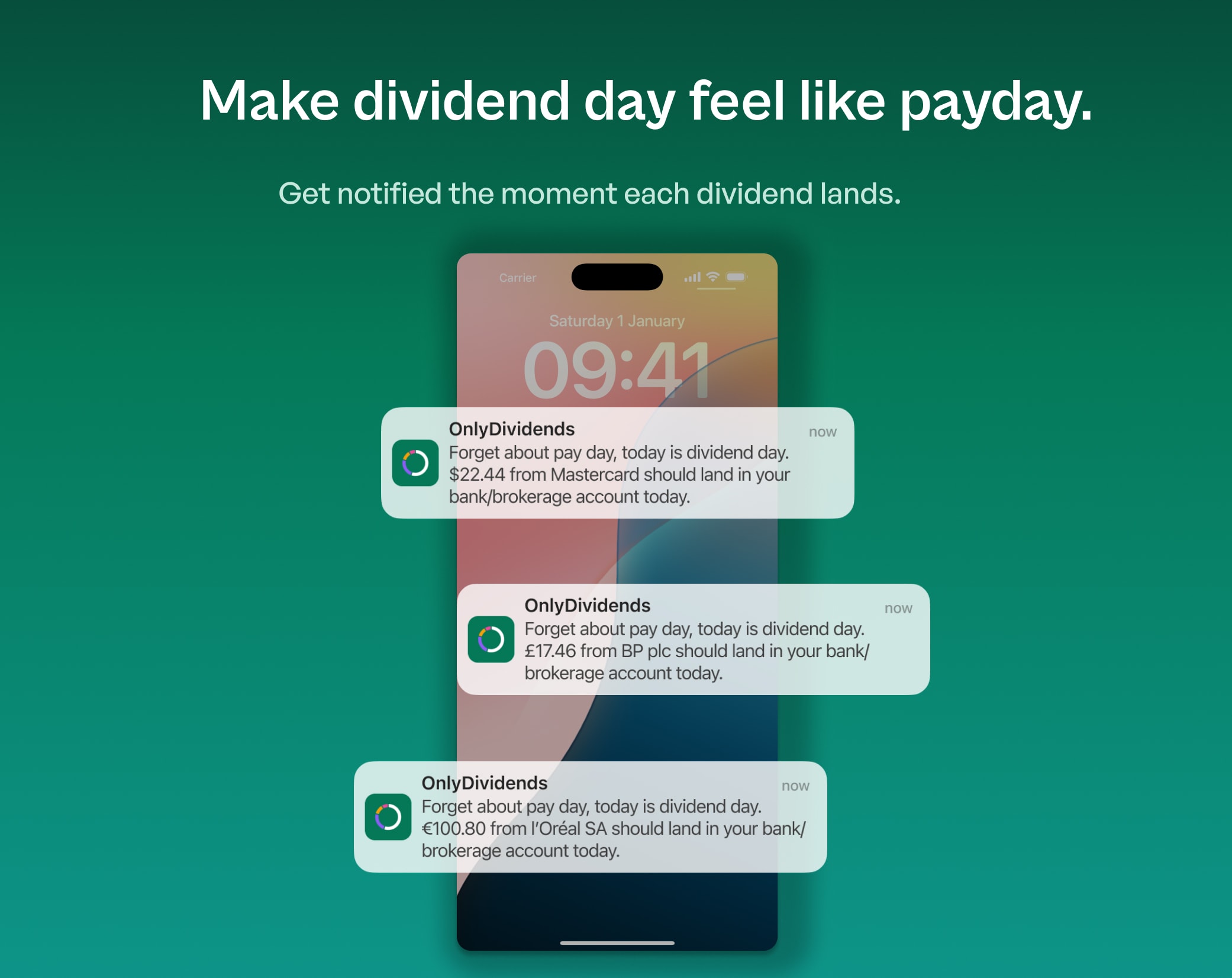 An OnlyDividends dividend-day push notification announcing an incoming payment