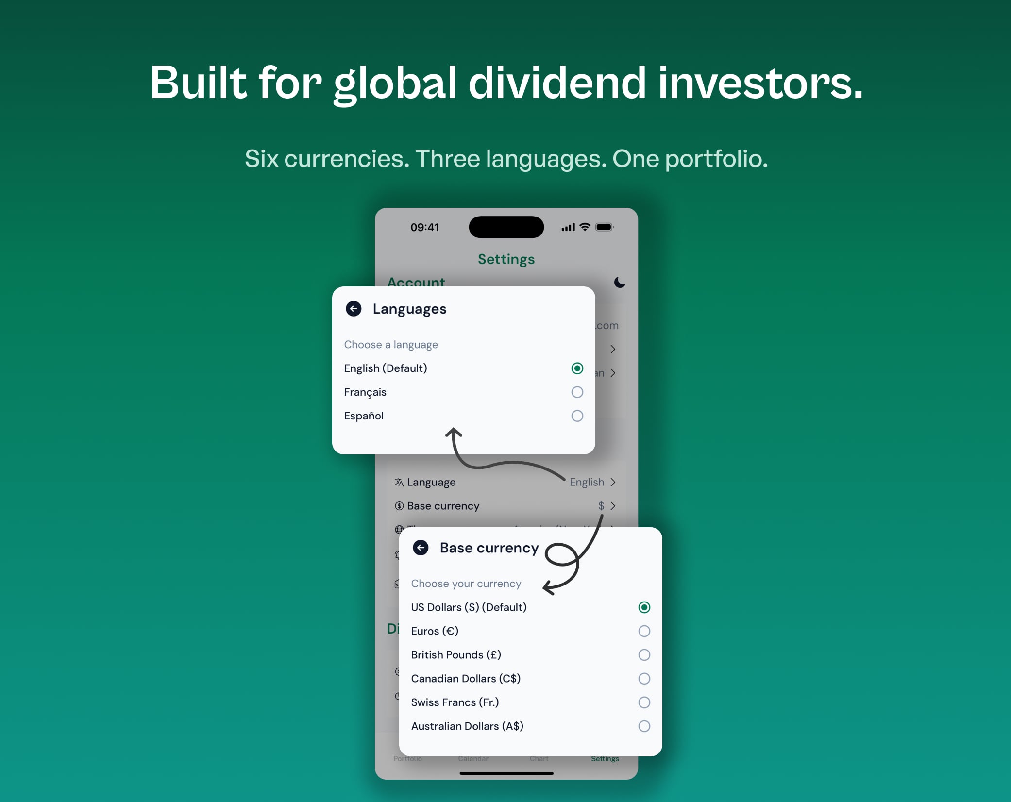 OnlyDividends portfolio view with multi-currency holdings and a sector breakdown