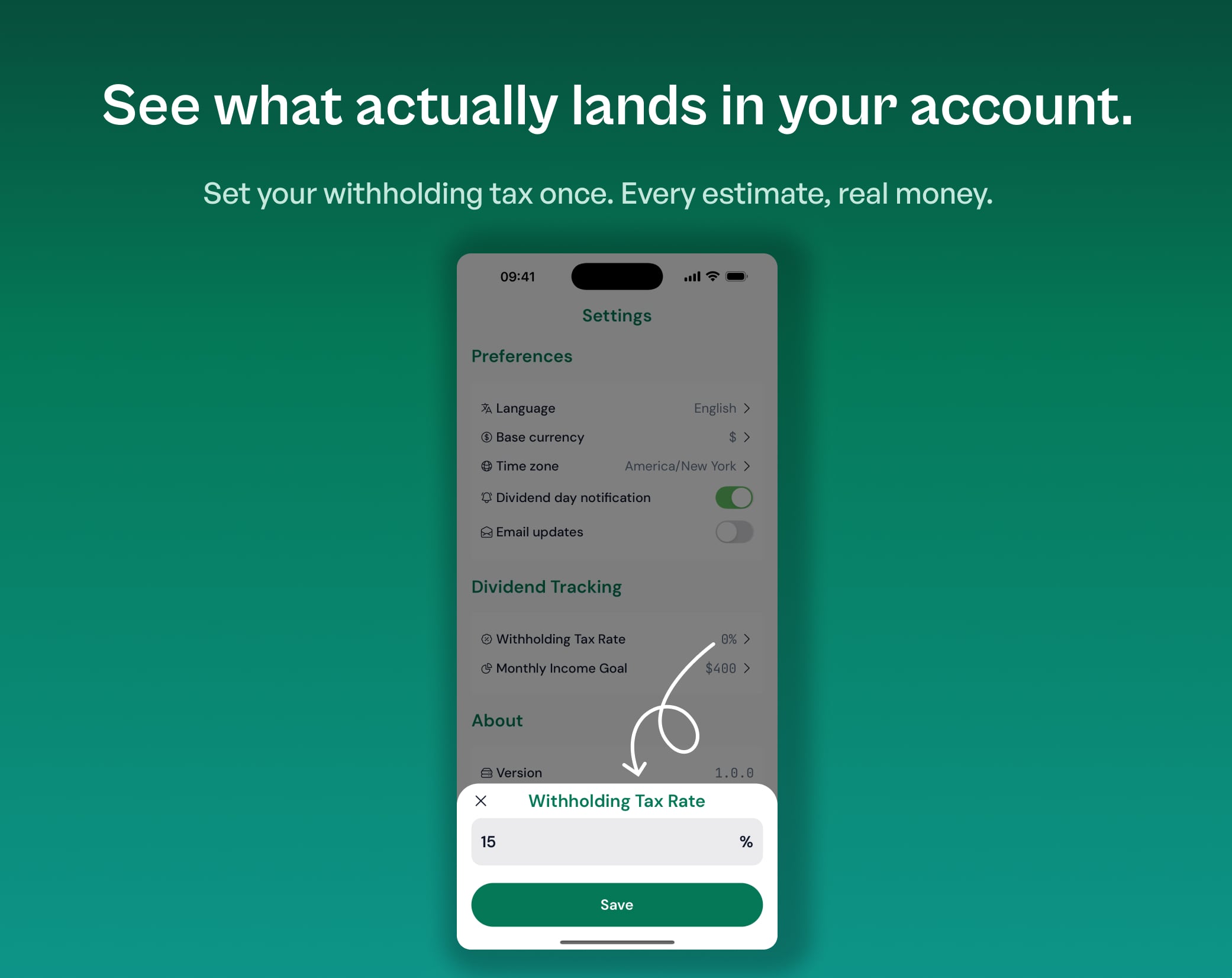 OnlyDividends showing the after-tax amount of an upcoming dividend payment