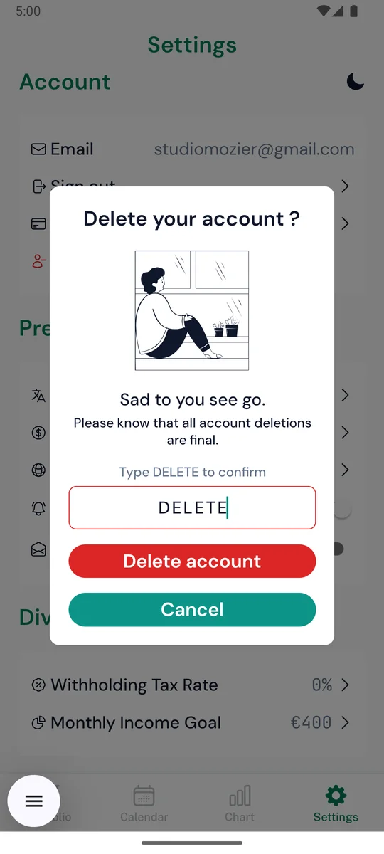 OnlyDividends delete account confirmation screen