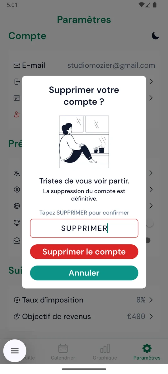 Écran de confirmation de suppression de compte OnlyDividends