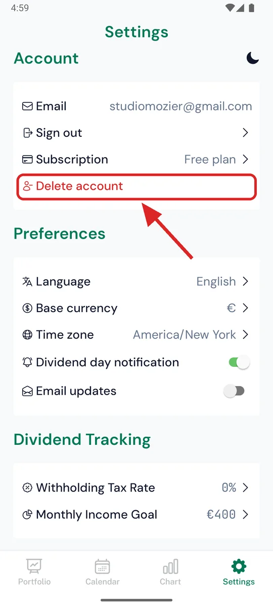 OnlyDividends Settings screen with the Delete account option highlighted