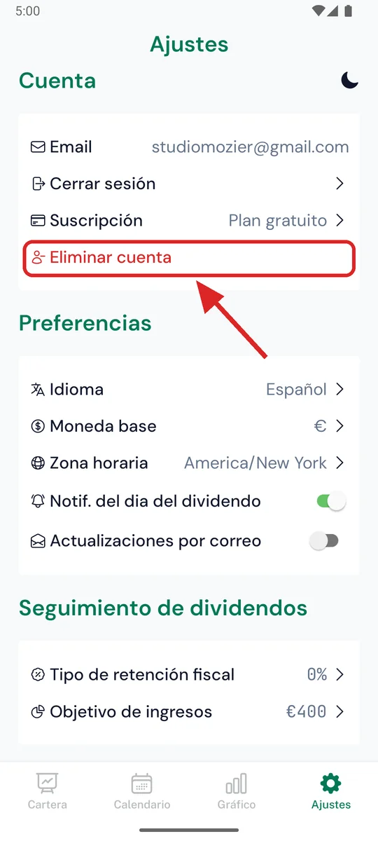 Pantalla de Ajustes de OnlyDividends con la opción Eliminar cuenta resaltada