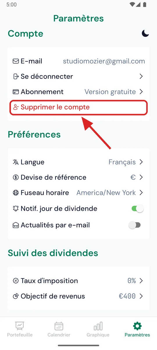 Écran Paramètres d'OnlyDividends avec l'option Supprimer le compte mise en évidence